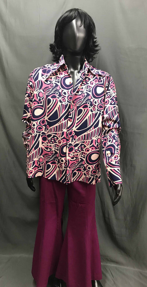60-70s Mens Disco Costume - Pink Pattern Shirt with Maroon Flares - Hire - The Costume Company | Fancy Dress Costumes Hire and Purchase Brisbane and Australia