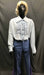 60-70s Mens Disco Costume - White Long Sleeve Ruffled Shirt with Blue and Purple Flares - Hire - The Costume Company | Fancy Dress Costumes Hire and Purchase Brisbane and Australia