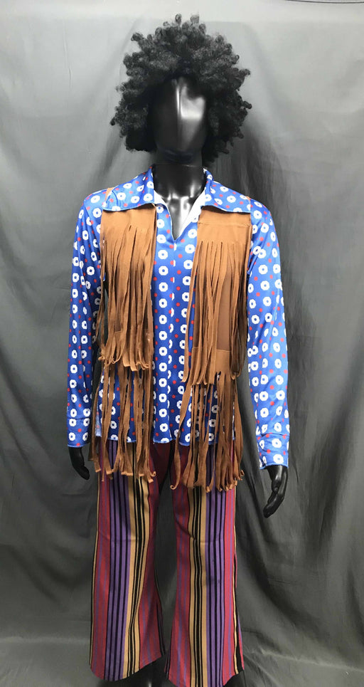 60-70s Mens Hippie Costume - Brown Tassel Vest with Coloured Flares - Hire - The Costume Company | Fancy Dress Costumes Hire and Purchase Brisbane and Australia