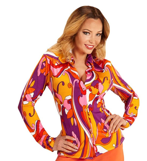 70s Groovy Orchid Disco Shirt – Retro Floral Swirl | Women's Costume Top