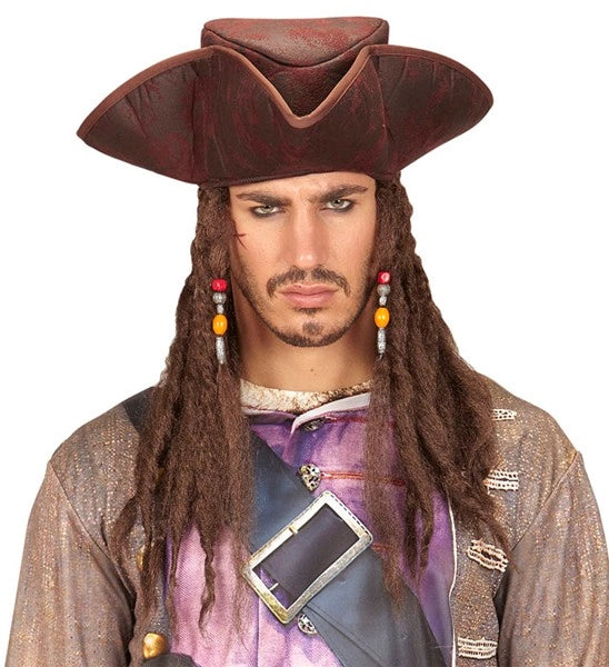 Leather Look Pirate Hat Tricorn With Dreadlocks