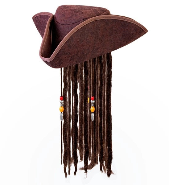 Leather Look Pirate Hat Tricorn With Dreadlocks