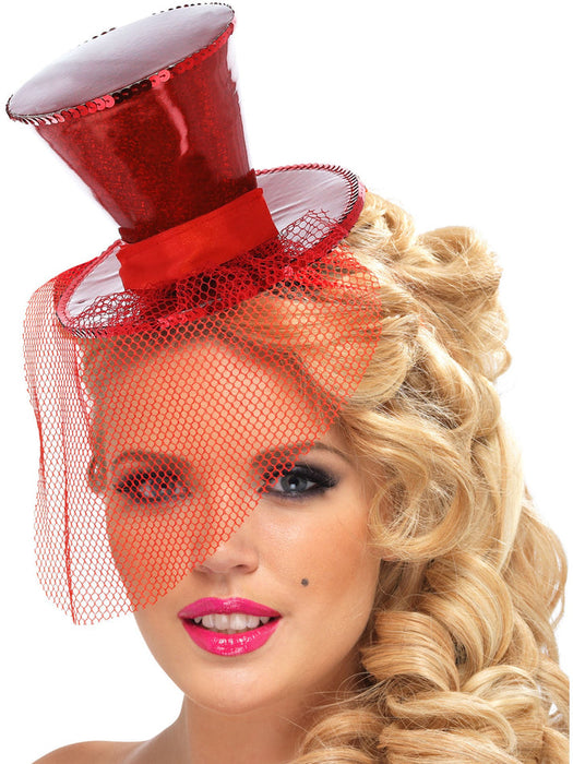 Mini Red Top Hat Headband | Sequin Fascinator with Netting | Burlesque Style