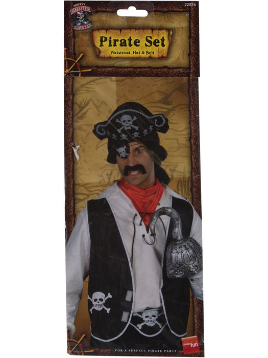 Black Pirate Costume Set | Hat Waistcoat Belt | Mens Pirate Outfit