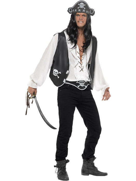 Black Pirate Costume Set | Hat Waistcoat Belt | Mens Pirate Outfit