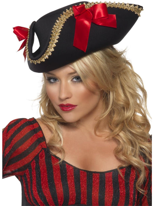 Pirate Hat – Black with Red Ribbons & Gold Trim