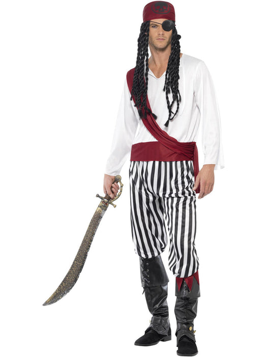 Pirate Man Costume | Black & White Stripes | Shirt Trousers Belt Set