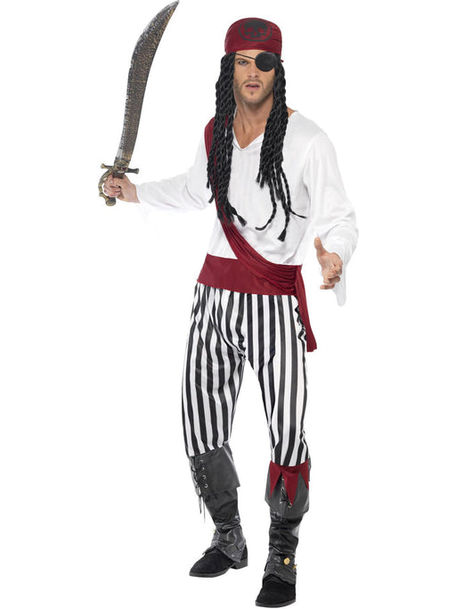 Pirate Man Costume | Black & White Stripes | Shirt Trousers Belt Set