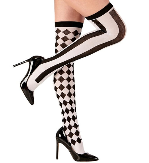 Circus Thigh Highs | Black & White Harlequin Tights 70 DEN
