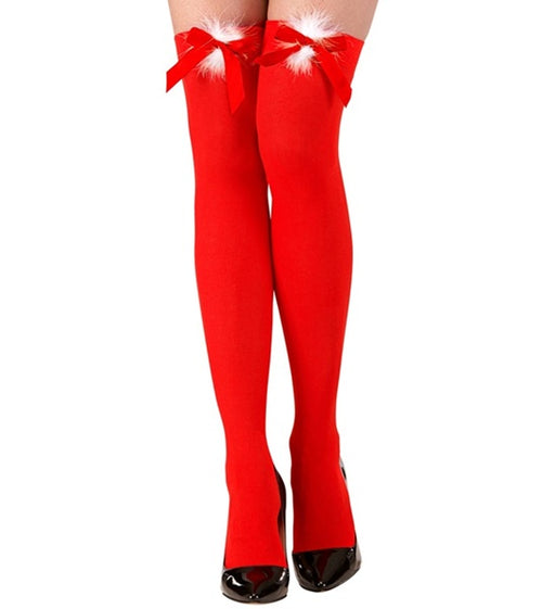 Miss Santa Red Thigh High Stockings – 70 DEN with Bows & Fur Trim