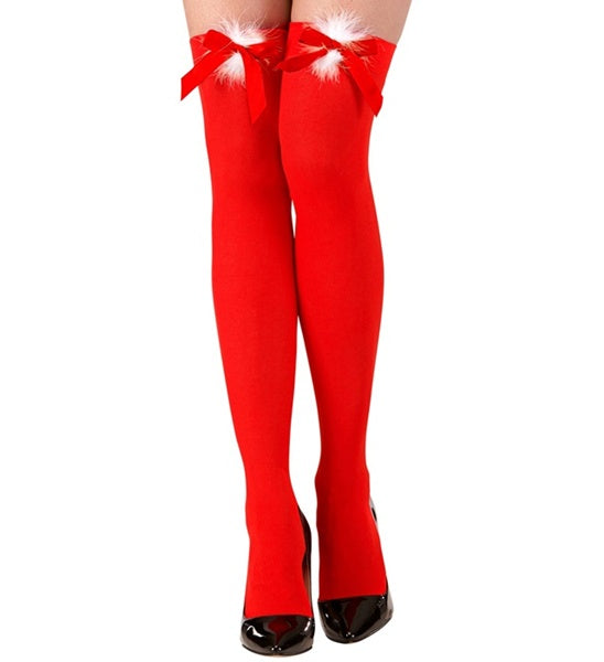 Miss Santa Red Thigh High Stockings – 70 DEN with Bows & Fur Trim