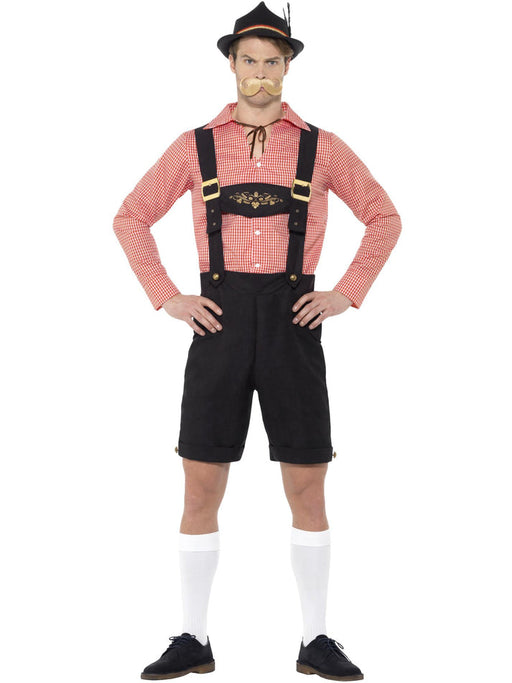 Beer Festival Costume | Red Bavarian Shirt & Black Lederhosen