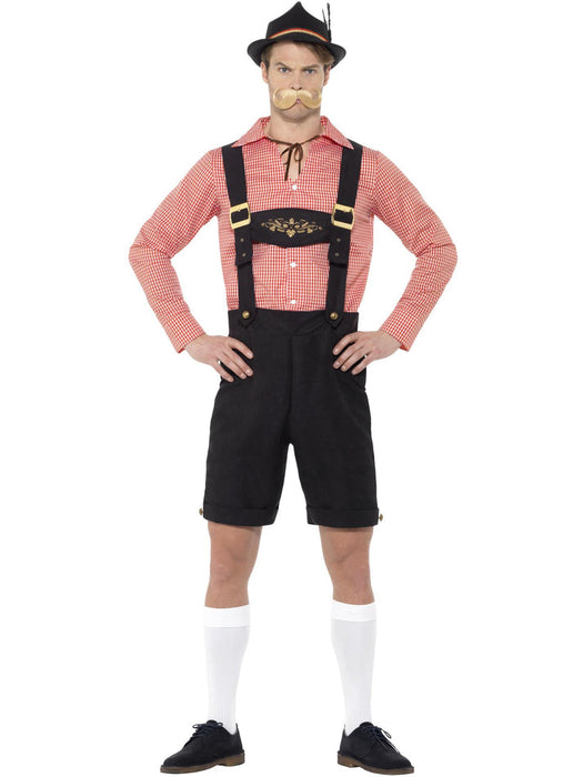 Beer Festival Costume | Red Bavarian Shirt & Black Lederhosen