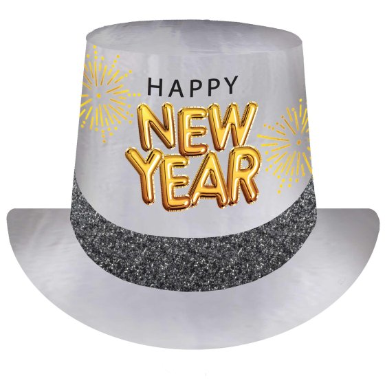 Black, Silver & Gold Happy New Year Glittered Top Hat - Buy Online Only