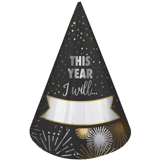 New Year Eve Resolution Fill In Cone Hats "This Year I Will" 8 pack - Buy Online Only