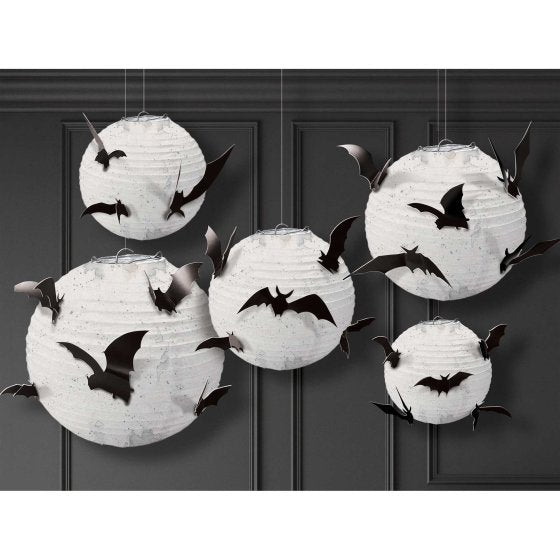 Halloween Classic Black & White Paper Lanterns with Bat Add Ons - Buy Online Only