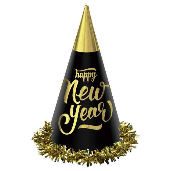 Happy New Year Black & Gold Foil Cone Hats 23cm 24 Pack - Buy Online Only