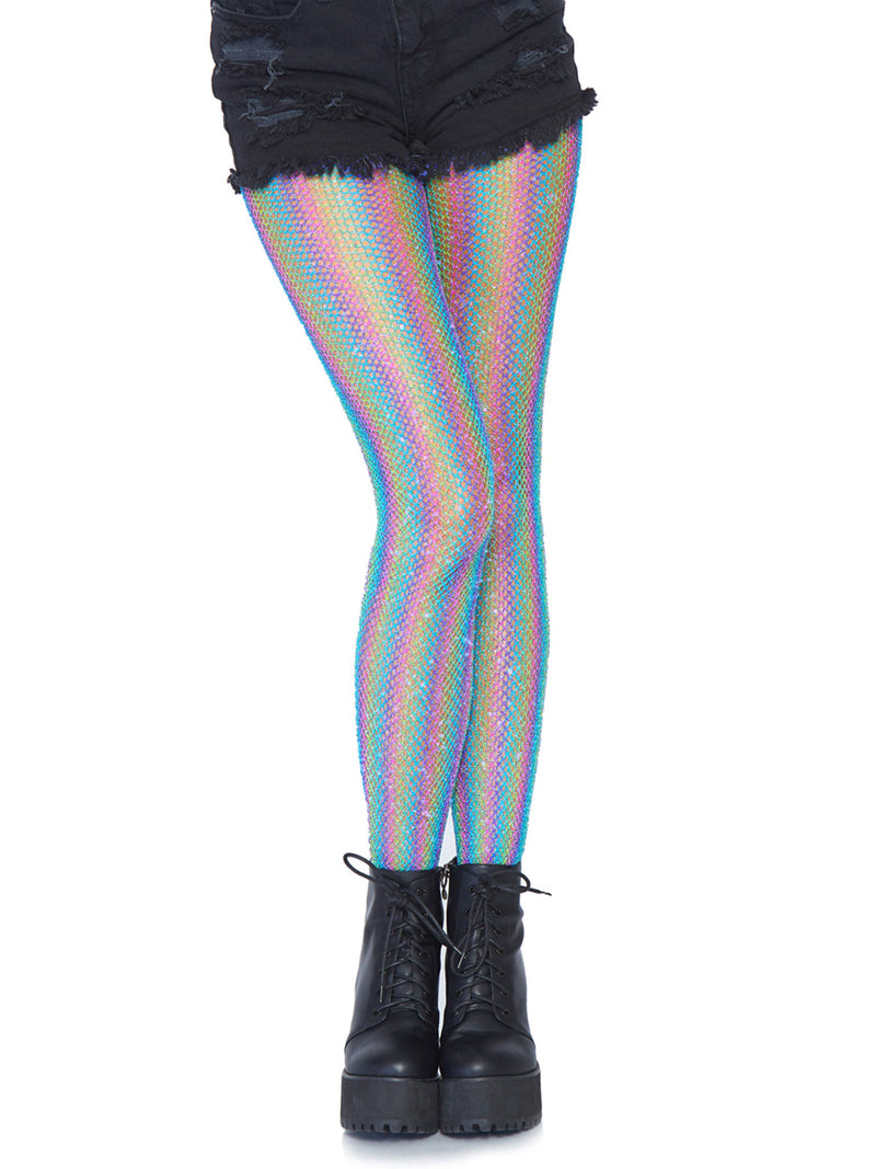 Shimmer Rainbow Coloured Lurex Striped Fishnet Stockings