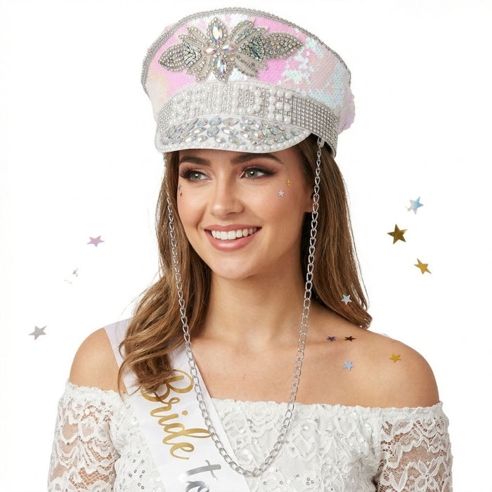 Deluxe Sequin & Pearl Bride Captains Hat - Buy Online Only