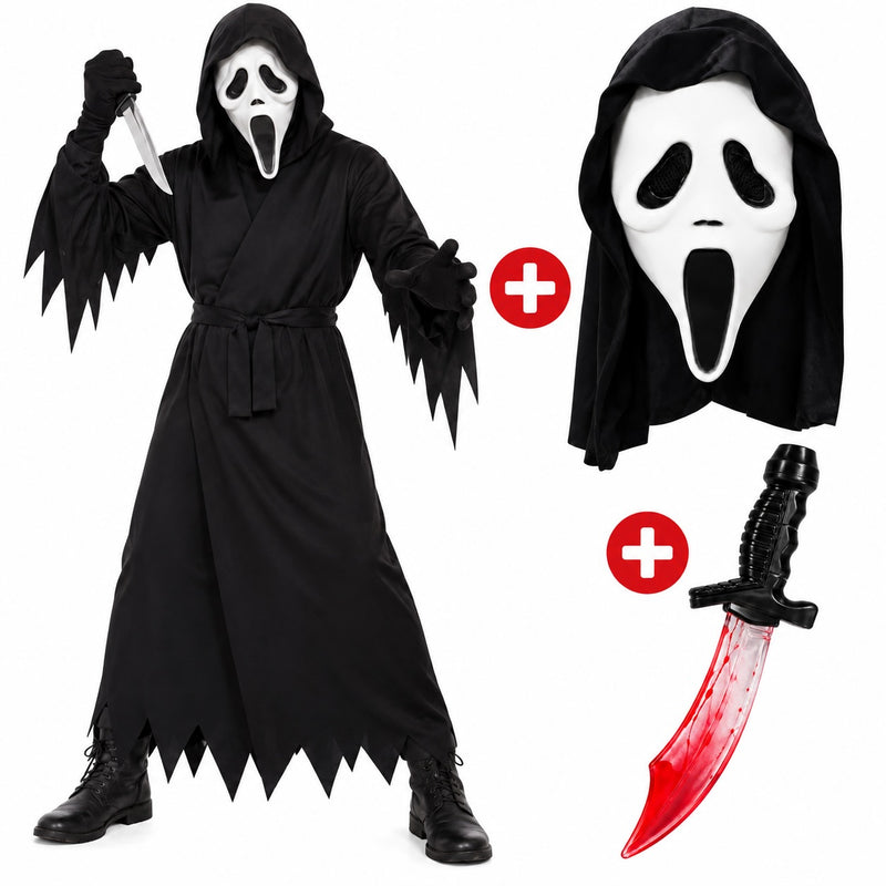 Ghost Face Scream Costume Style Bundle Latex Mask + Robe + Knife
