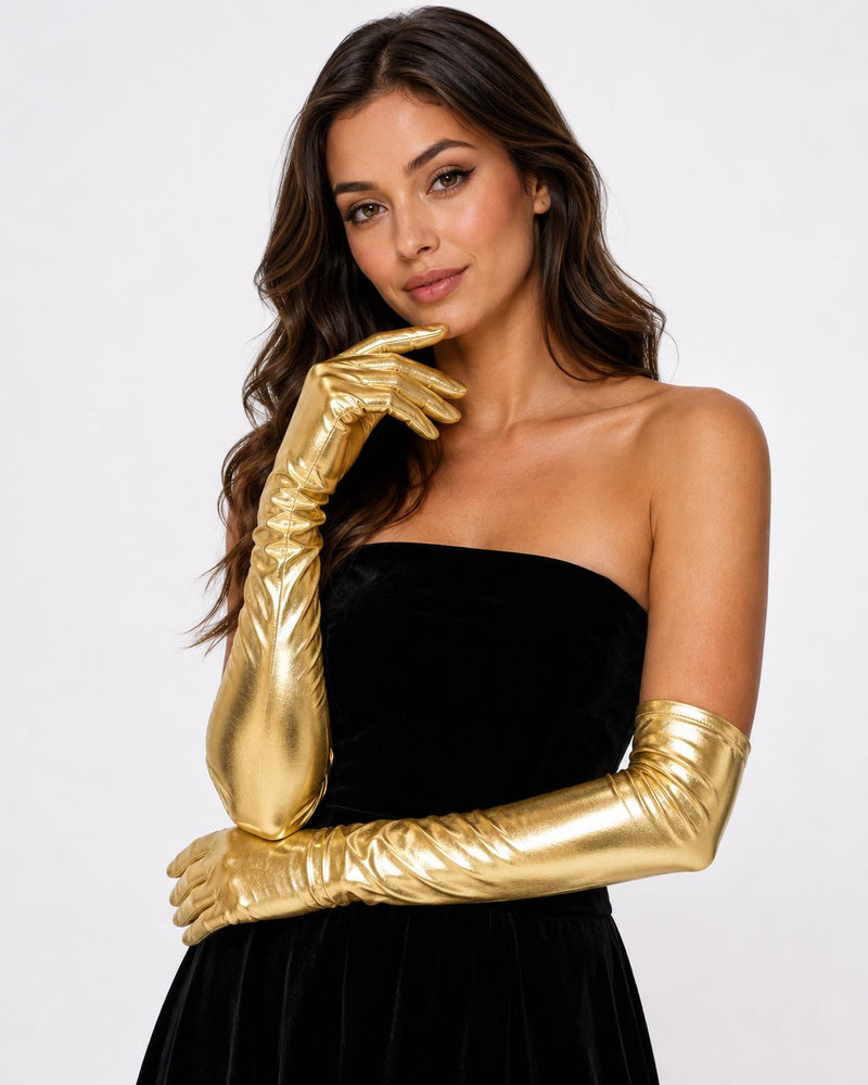 Metallic Gold Stretch Long Gloves