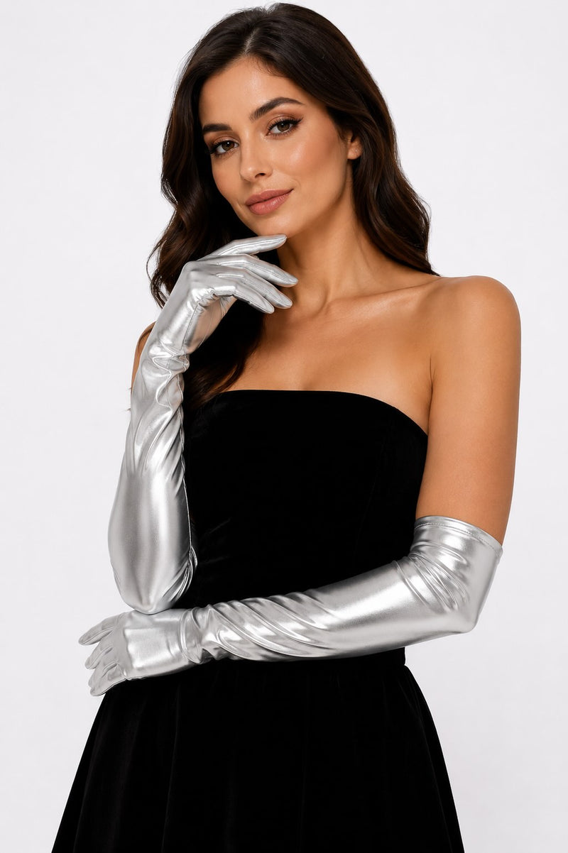 Metallic Silver Stretch Long Gloves