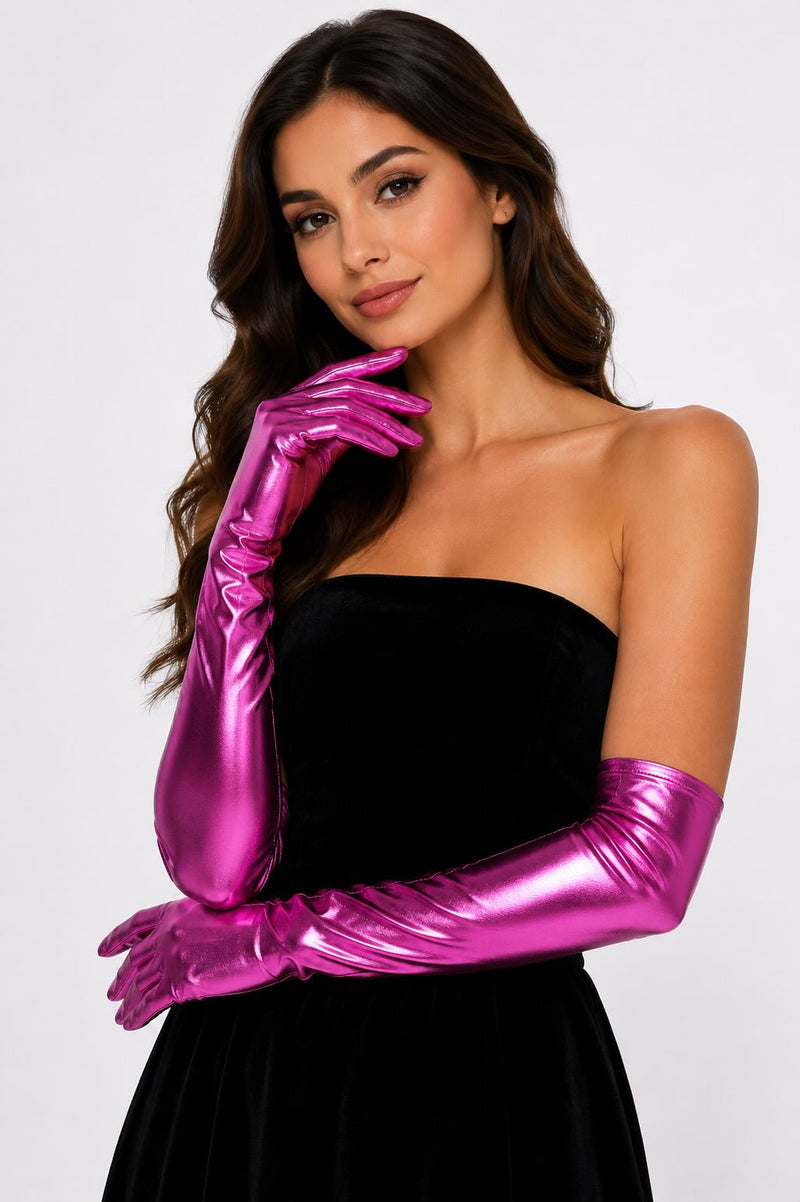 Metallic Pink Stretch Long Gloves