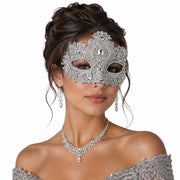 Silver lace masquerade mask with sparkling crystal embellishments