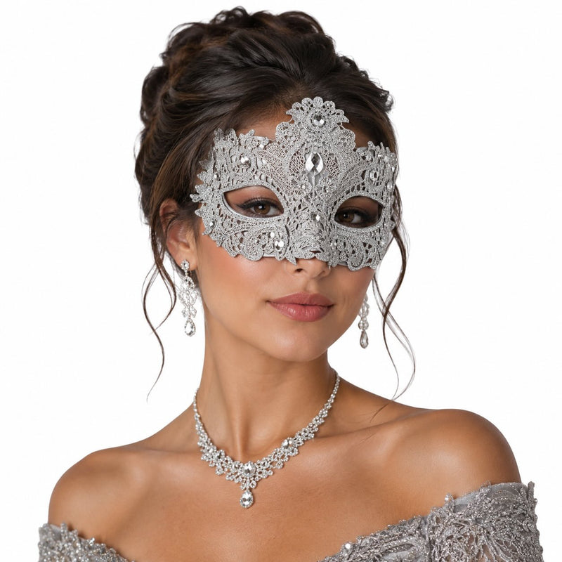 Silver lace masquerade mask with sparkling crystal embellishments