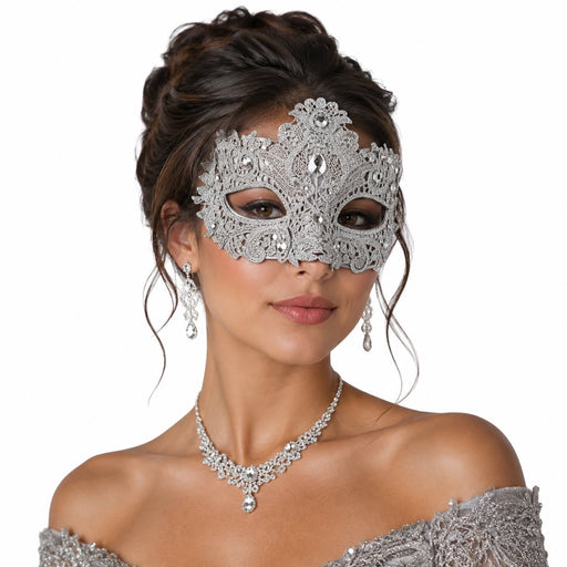 Silver lace masquerade mask with sparkling crystal embellishments