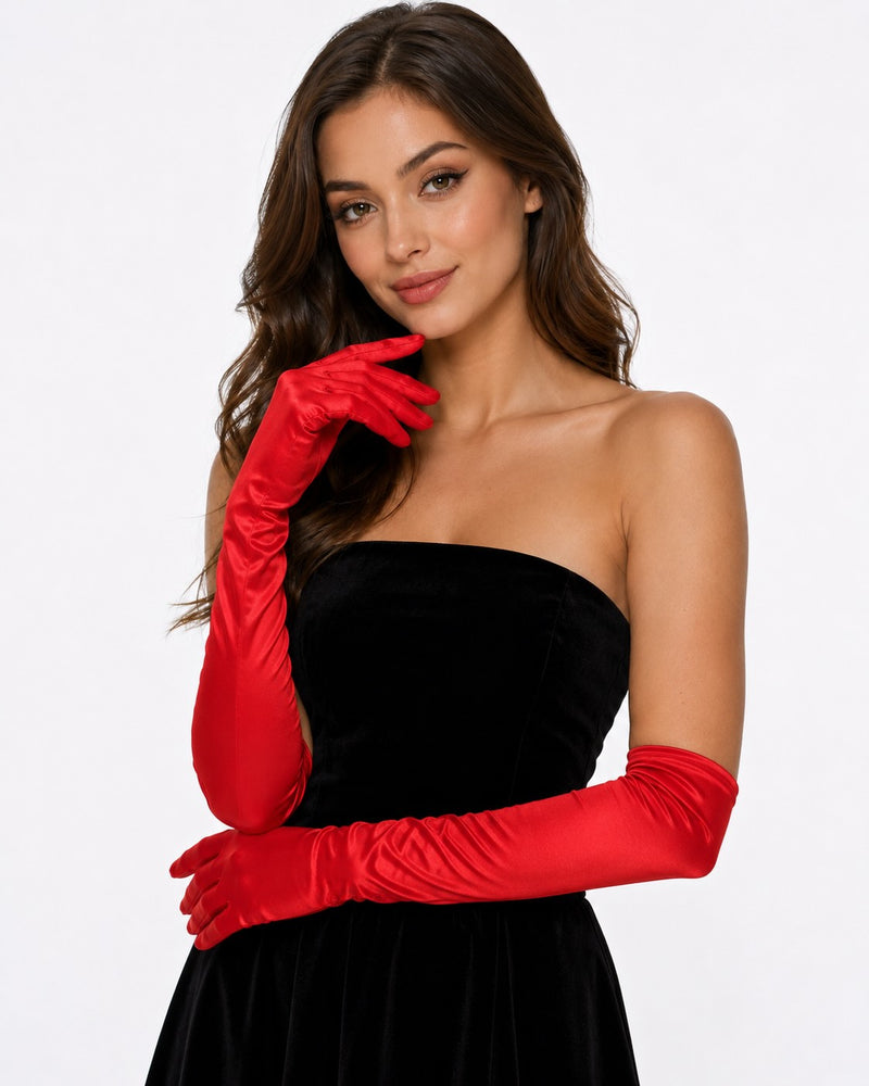 Red Satin Stretch Long Gloves