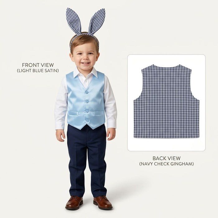 Baby Bunny Formal Outfit – Blue Satin Vest & Gingham Suit Costume 🐰