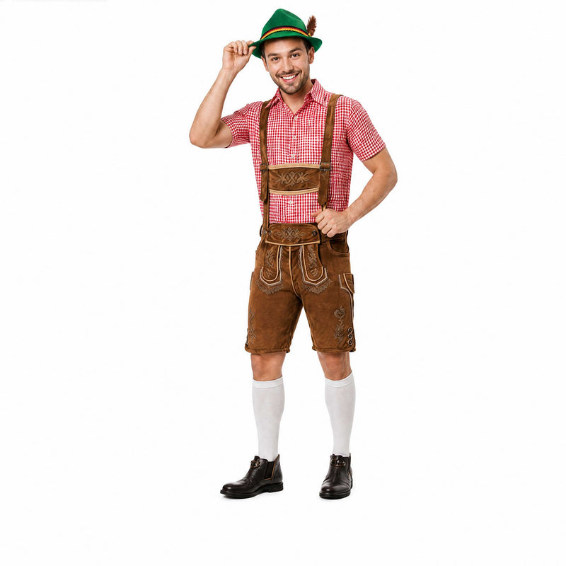 Deluxe Faux Suede Brown Lederhosen Shorts inc Pockets + Shirt + Hat + Socks