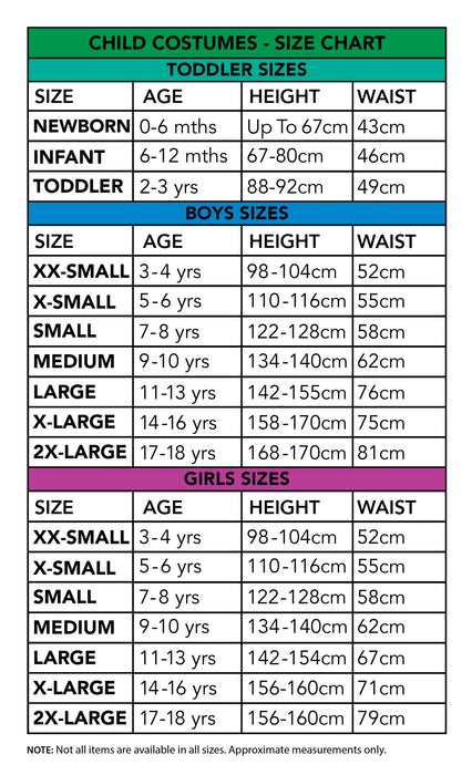 Beetlejuice Child's Costume Sizes