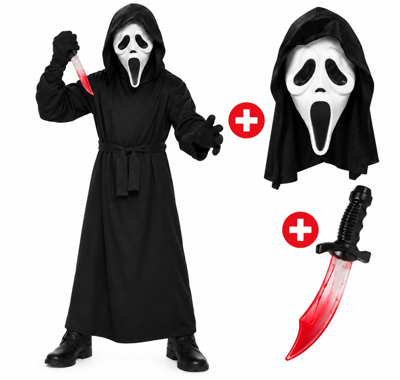 Ghost Face Scream Style Bundle Child Costume | Robe + Latex Mask + Knife