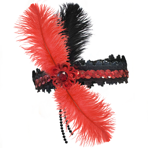 Deluxe Flapper Headpiece | Red & Black Feather 1920s Gatsby Costume