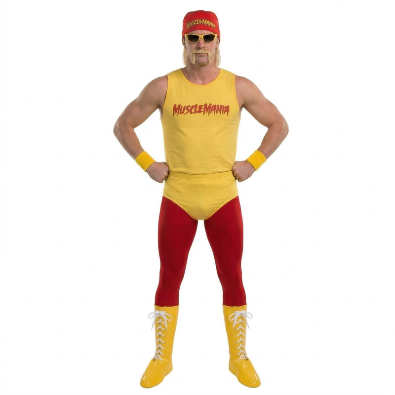 Hulk Hogan Style Wrestler Costume + Glasses + Bandanna + Wrist Bands