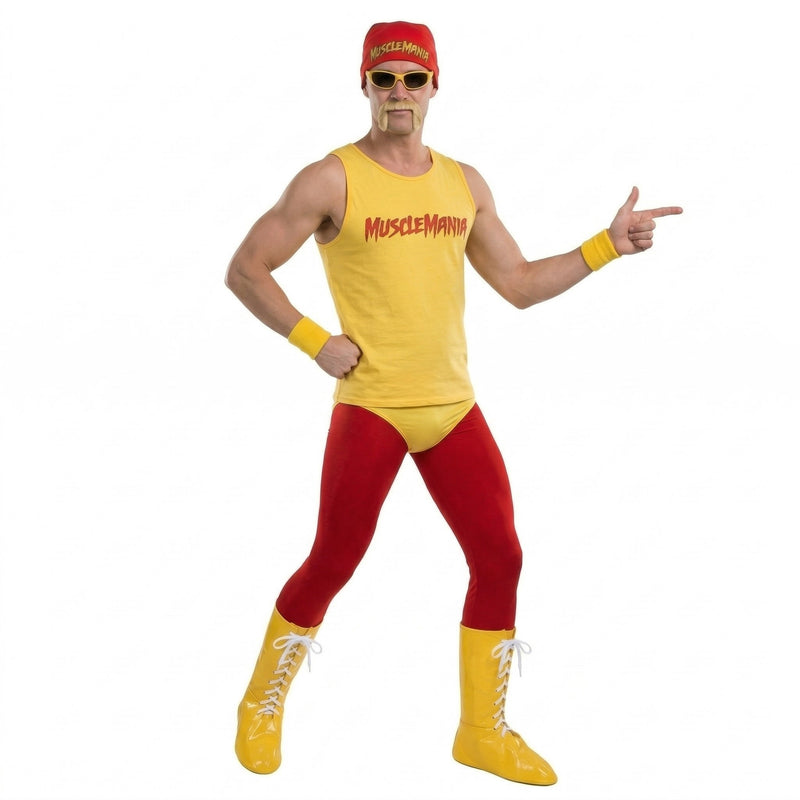 Hulk Hogan Style Wrestler Costume + Glasses + Bandanna + Wrist Bands