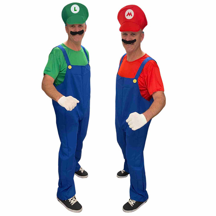 Mario Luigi Costumes Blue overalls with t-shirt, hat, gloves and moustache 