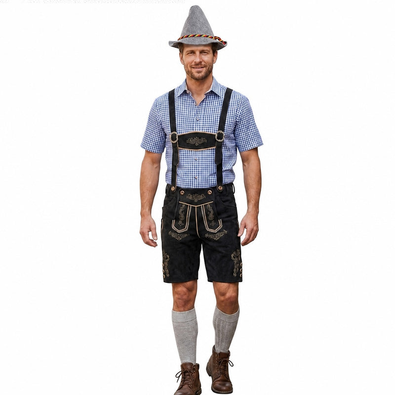 Deluxe Faux Suede Black Lederhosen Shorts With Pockets + Shirt + Hat + Socks