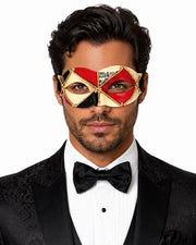 Harlequin Venetian masquerade mask in red, black and ivory with gold detailing