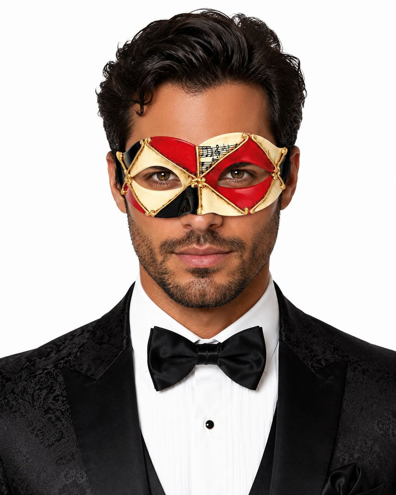 Harlequin Venetian masquerade mask in red, black and ivory with gold detailing