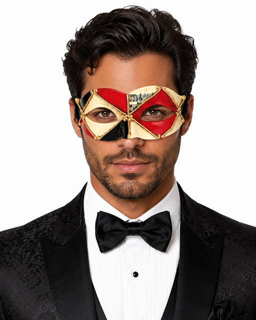 Harlequin Venetian masquerade mask in red, black and ivory with gold detailing