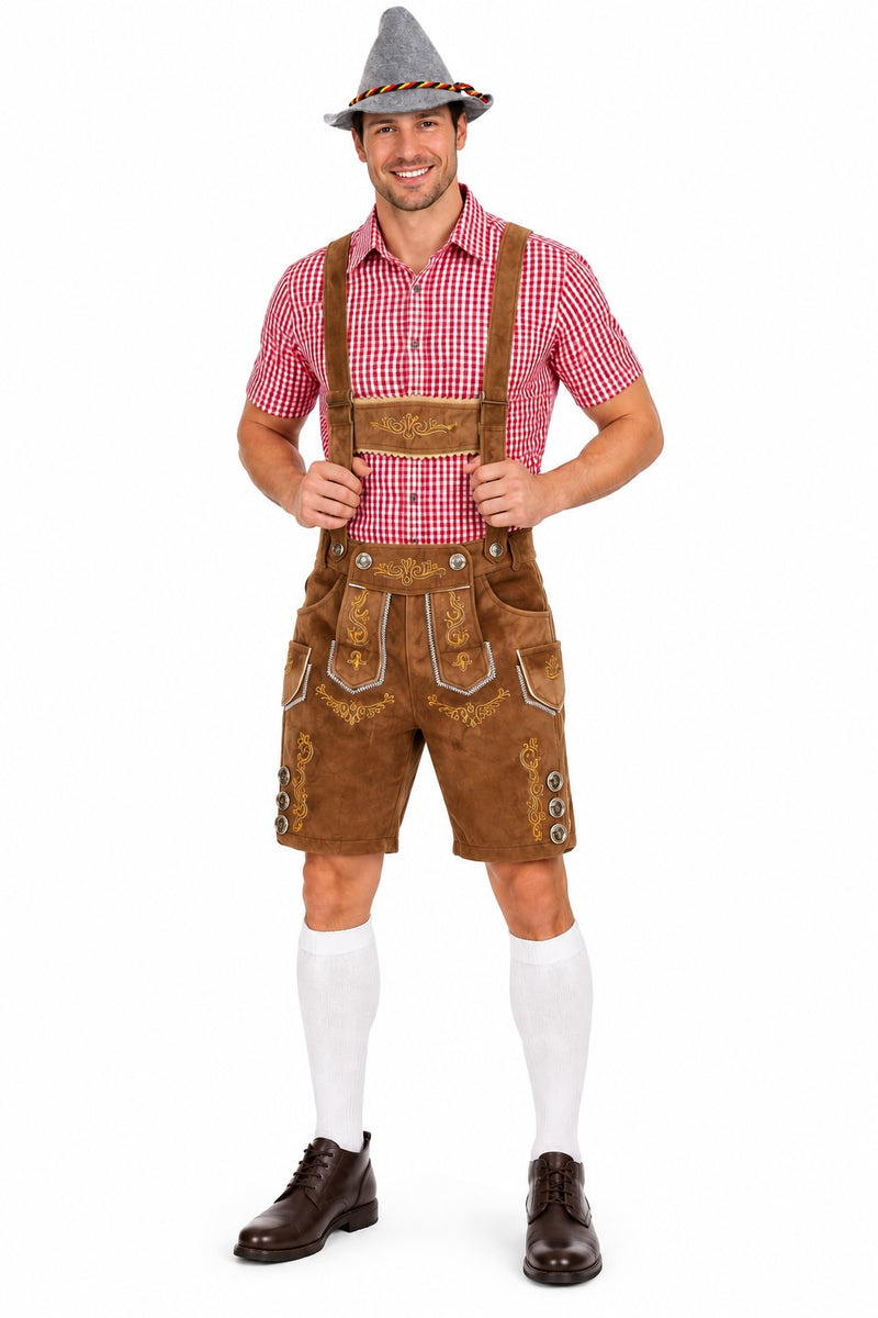 Deluxe Faux Suede Brown Lederhosen Shorts inc Pockets + Shirt + Hat + Socks