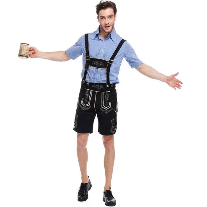 Oktoberfest German Outfit Black Lederhosen Shorts with Pockets & Shirt