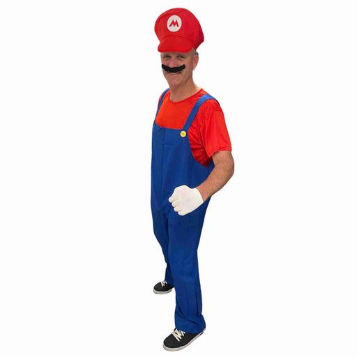 Mario Costume Blue overalls with Red t-shirt, hat, gloves and moustache 