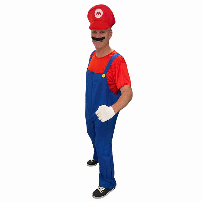 Mario Costume Blue overalls with Red t-shirt, hat, gloves and moustache 