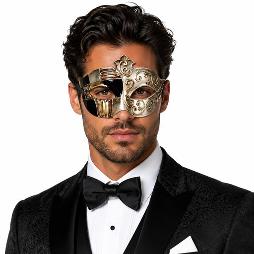 Two-tone Venetian half face masquerade mask in black and antique gold