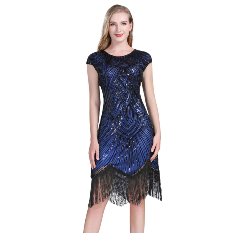 Vintage Glam Sequin Fringe Dress Midnight Blue Elegance