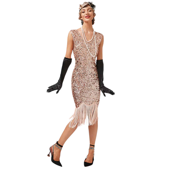 Rose Gold Sequin Fringe Dress Glamorous Gatsby Charm Plus Sizes Available